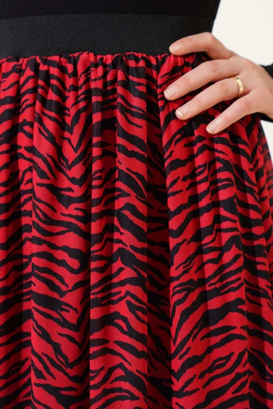 Bel Lastikli Desenli Şifon Etek Kırmızı - Resim 4