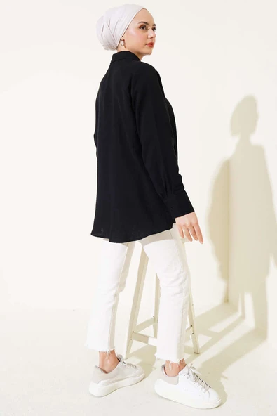 Cep Detaylı Müslin Gömlek Siyah - Resim 3