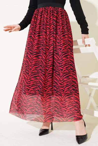 Bel Lastikli Desenli Şifon Etek Kırmızı - Resim 2