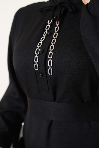 Yarım Düğmeli Yaka İpli Elbise Siyah - 4