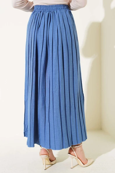 Bel Lastikli Pileli Etek İndigo - 3