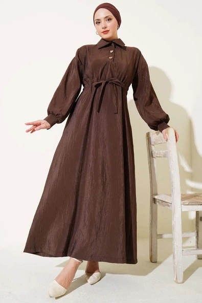 Kırışık Doku Yarım Düğmeli Elbise Kahve ürün görseli 1