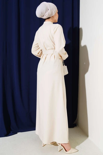 Yarım Düğmeli Yaka İpli Elbise Bej - Resim 3