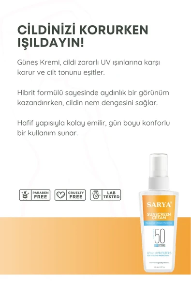 SARYA Suncreen Cream Güneş Kremi 250 ML UVA+UVB FILTERS 50+SPF - 4