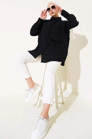 Cep Detaylı Müslin Gömlek Siyah - Resim 2