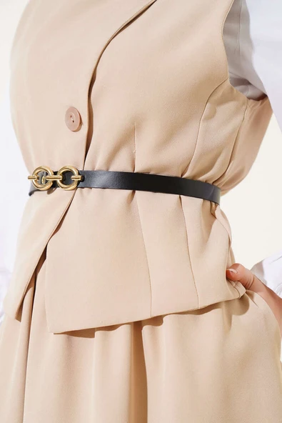 Çapraz Düğmeli Kemerli Etekli İkili Takım Latte - Resim 4