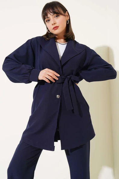 Kruvaze Yaka Kuşaklı İkili Takım Lacivert - Resim 2