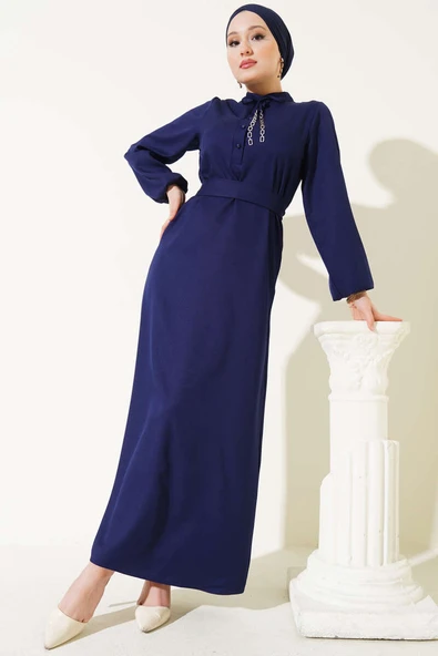 Yarım Düğmeli Yaka İpli Elbise Lacivert ürün görseli 1