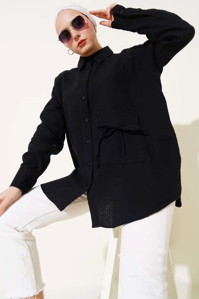Cep Detaylı Müslin Gömlek Siyah ürün görseli 1