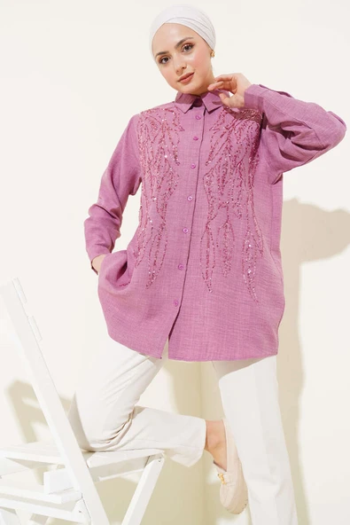 Önü Pul Süslemeli Basic Gömlek Gül Kurusu ürün görseli 1