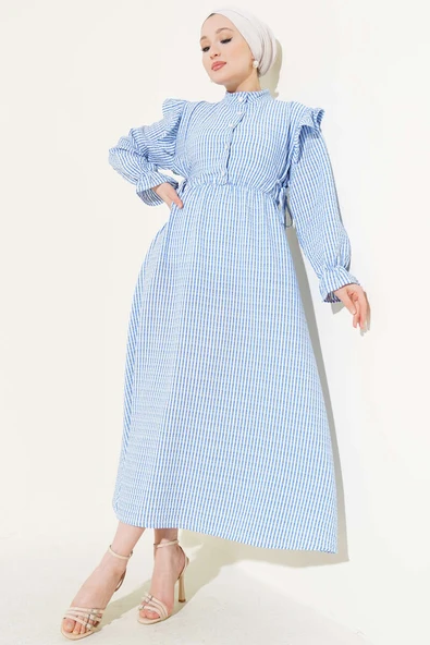 Omuz Fırfırlı Çizgili Gofre Elbise İndigo ürün görseli 1