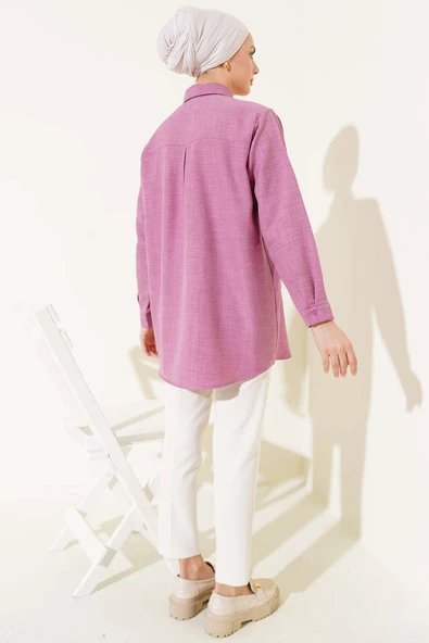 Önü Pul Süslemeli Basic Gömlek Gül Kurusu - Resim 3