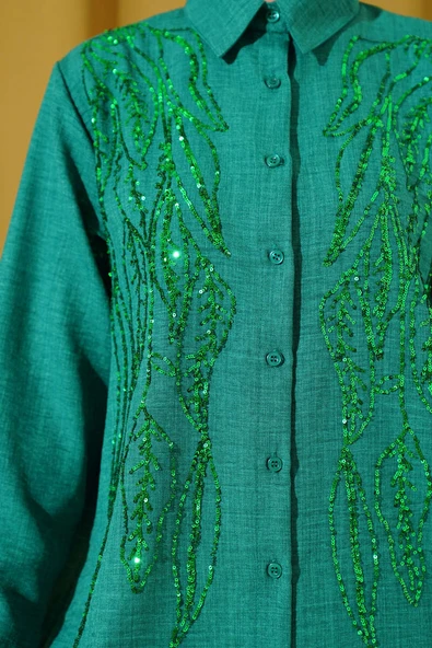 Önü Pul Süslemeli Basic Gömlek Yeşil - Resim 4