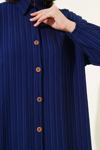 Ağaç Kabuğu Uzun Gömlek Lacivert - Resim 4