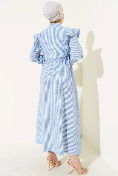 Omuz Fırfırlı Çizgili Gofre Elbise İndigo - Resim 3