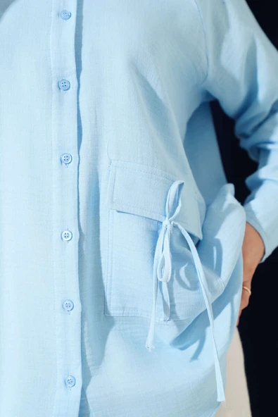 Cep Detaylı Müslin Gömlek Mavi - Resim 4