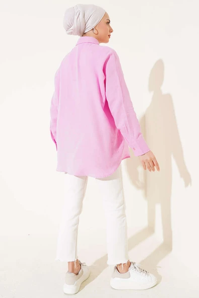 Cep Detaylı Müslin Gömlek Pudra - Resim 3