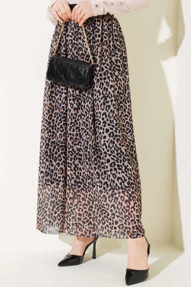 Bel Lastikli Desenli Şifon Etek Leopar - Resim 2