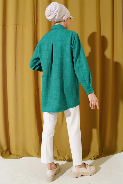 Önü Pul Süslemeli Basic Gömlek Yeşil - Resim 3