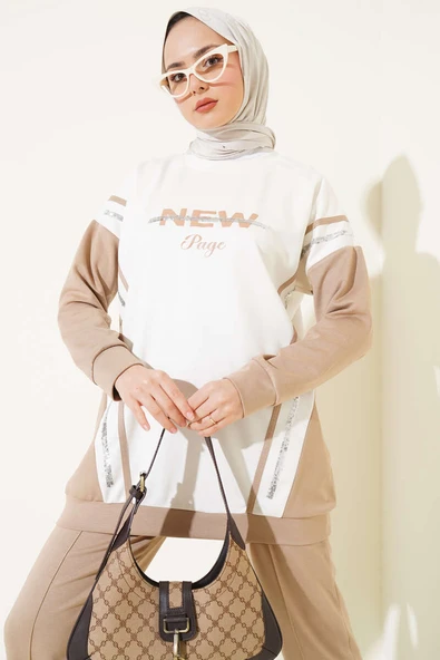 Loyşa Baskılı Pullu İkili Takım Bej - Resim 2