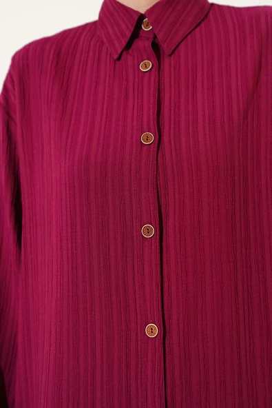 Ağaç Kabuğu Uzun Gömlek Bordo - Resim 4