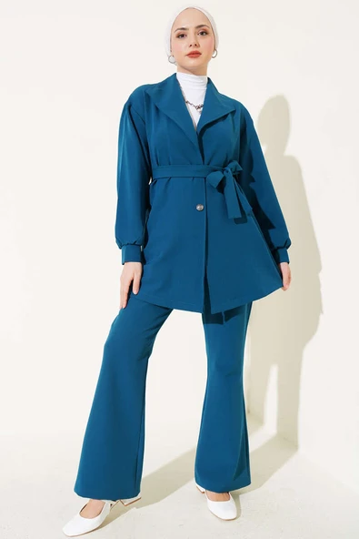 Kruvaze Yaka Kuşaklı İkili Takım Petrol ürün görseli 1