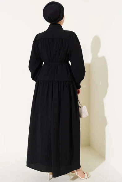 Yarım Gizli Düğmeli İp Bağcıklı Elbise Siyah - Resim 3