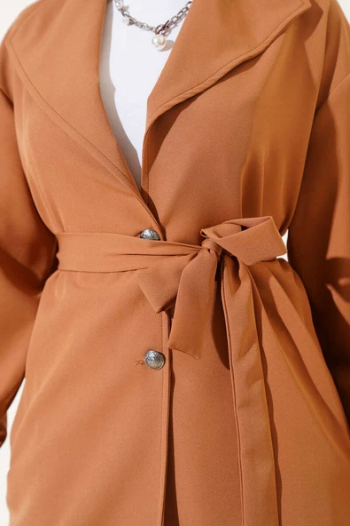 Kruvaze Yaka Kuşaklı İkili Takım Camel - Resim 4