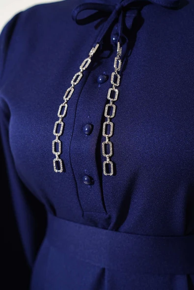 Yarım Düğmeli Yaka İpli Elbise Lacivert - Resim 4