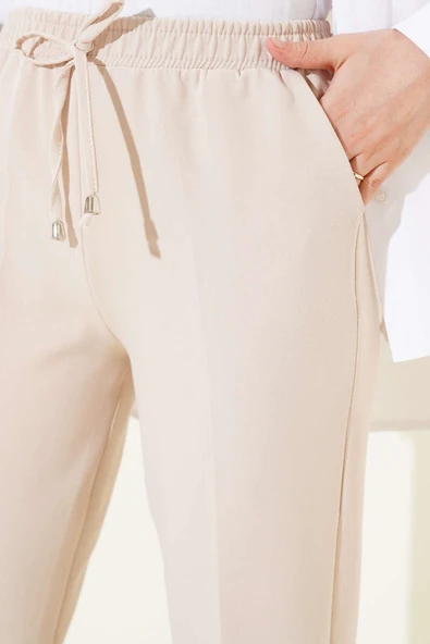 Beli Lastikli Dar Paça Pantolon Bej - Resim 4