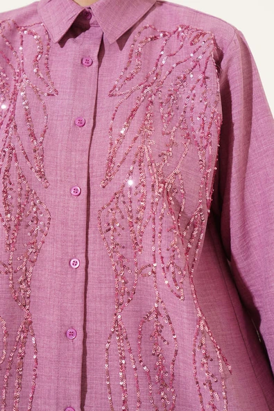 Önü Pul Süslemeli Basic Gömlek Gül Kurusu - Resim 4