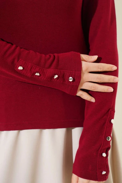 Bileği Metal Düğmeli Body Bordo - Resim 4