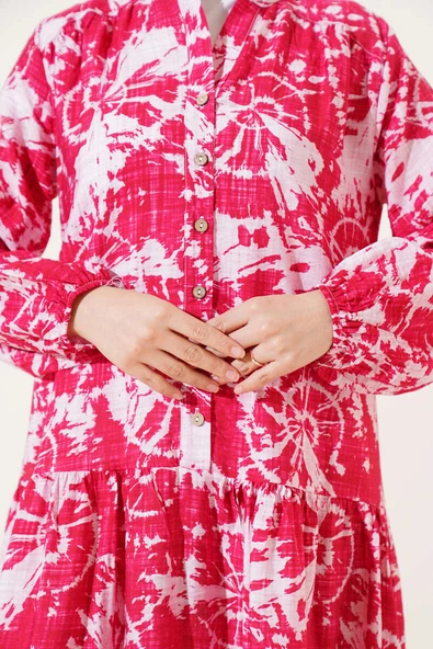 Batik Desen Yarım Düğmeli Elbise Alizarin - 4
