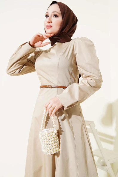 İnce Kemerli Poplin Elbise Vizon - Resim 2