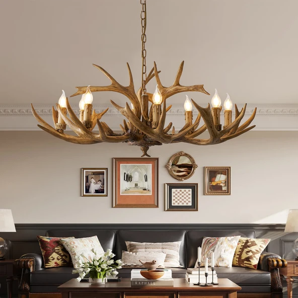 Apliqa Zoye Ahşap 8'li Geyik Boynuzu Desenli Modern Kafe Restoran. Salon Avize ürün görseli