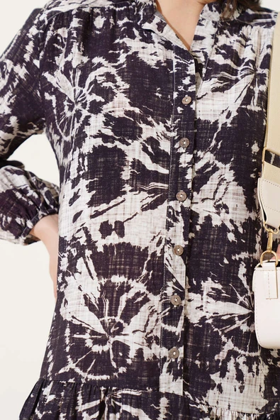 Batik Desen Yarım Düğmeli Elbise Mürdüm - Resim 4