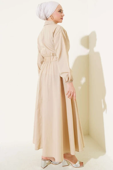 Bel Lastikli Metal Düğmeli Elbise Bej - Resim 3