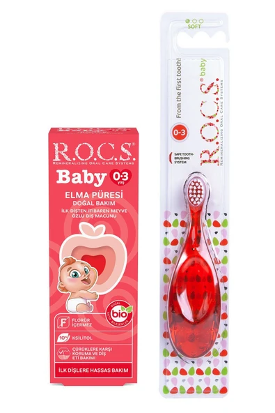 R.O.C.S. Rocs Baby 0-3 Yaş Elma Püresi Tadında Diş Macunu 45g Kırmızı Diş Fırçası Seti - 2