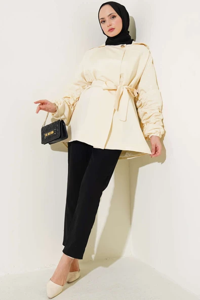 Kol Büzgülü Kuşaklı Ceket Bej - Resim 2