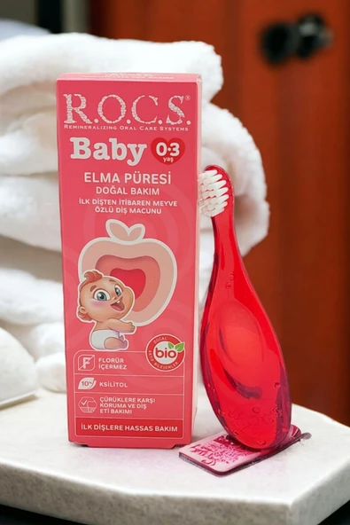 R.O.C.S. Rocs Baby 0-3 Yaş Elma Püresi Tadında Diş Macunu 45g Kırmızı Diş Fırçası Seti - 5