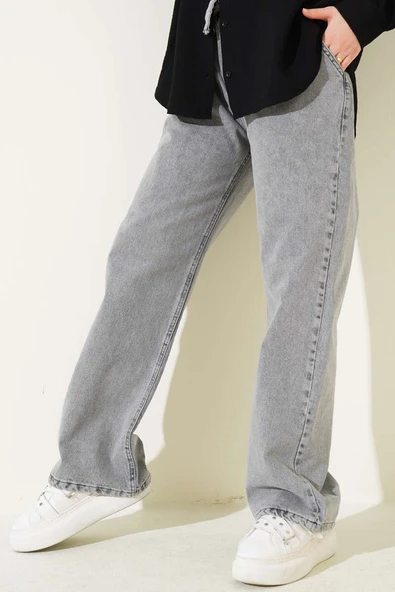 Kuşaklı Bel Lastikli Kot Pantolon Gri - Resim 2