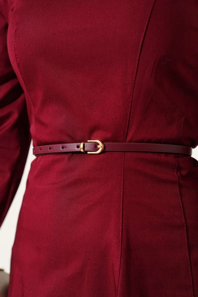 İnce Kemerli Poplin Elbise Bordo - 4