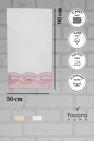 %100 Pamuk Fiyonk Güpürlü Çeyizlik 2'li Havlu 50x90 - Pudra - 6