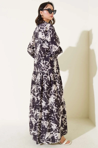 Batik Desen Yarım Düğmeli Elbise Mürdüm - Resim 3