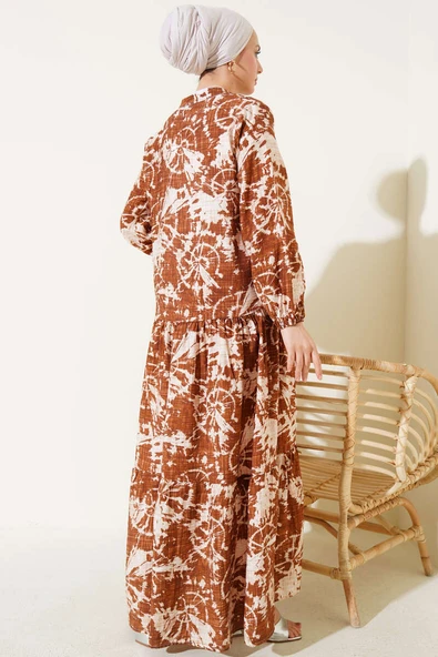Batik Desen Yarım Düğmeli Elbise Taba - 3