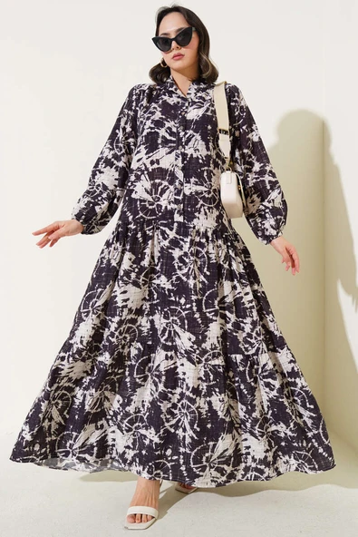 Batik Desen Yarım Düğmeli Elbise Mürdüm ürün görseli 1