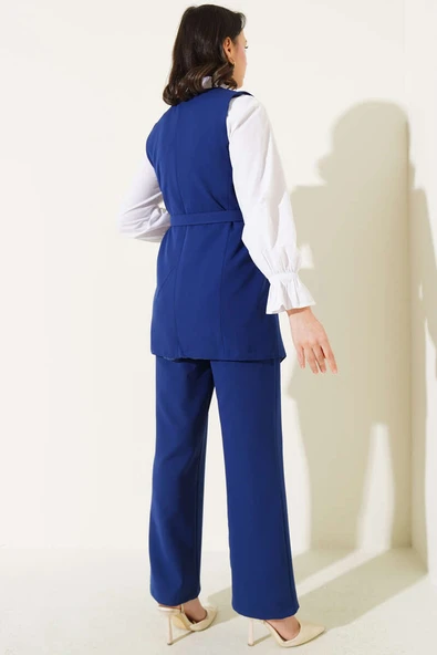 Uzun Yelekli Çapraz Düğmeli İkili Takım Lacivert - Resim 3
