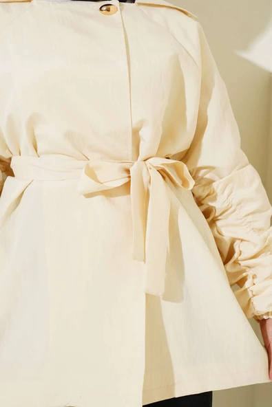 Kol Büzgülü Kuşaklı Ceket Bej - Resim 4