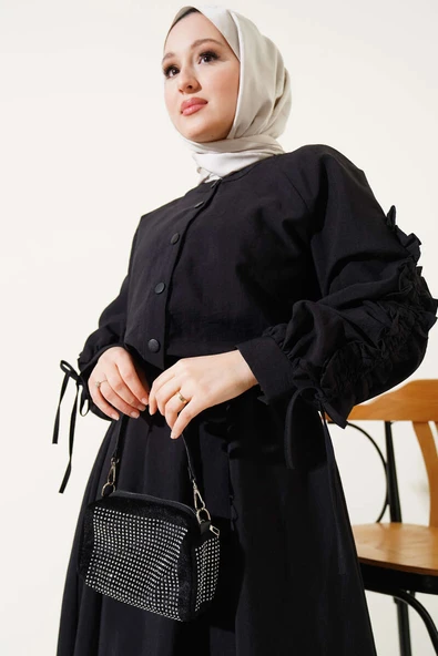 Kolları Büzgülü Ceketli Jile İkili Takım Siyah - Resim 2