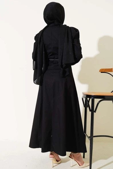 İnce Kemerli Poplin Elbise Siyah - Resim 3